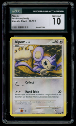 CGC 10 GEM MINT Pokemon Aipom 50/100 Majestic Dawn Common - Image 1