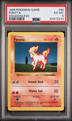 1999 Pokemon TCG Base Set Ponyta Shadowless 60/102 PSA 6 - Image 1