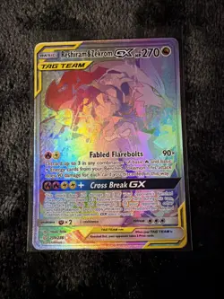 Reshiram & Zekrom GX 259/236 Cosmic Eclipse Rainbow Tag Team Sun Moon Pokemon - Image 1