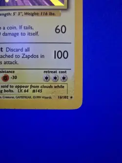 Zapdos 16/102 Pokemon Card TCG Base Set Unlimited Holo Rare LP - Image 4