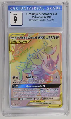 2019 POKEMON SUN & MOON UNBROKEN BONDS #222 FULL ART/GRENINJA & ZOROARK GX PSA 9 - Image 1