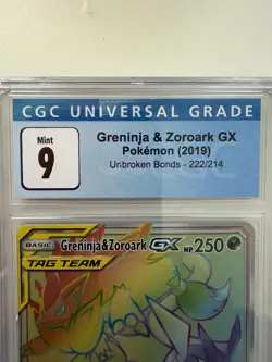 2019 POKEMON SUN & MOON UNBROKEN BONDS #222 FULL ART/GRENINJA & ZOROARK GX PSA 9 - Image 3