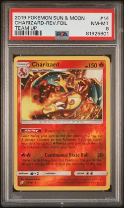 2019 Pokemon Sun & Moon Charizard - Rev. Foil Team Up #14 PSA 8 - Image 1