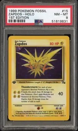 Pokemon TCG Fossil Zapdos 15/62 Holo Rare 1999 1st Edition Vintage Card - Image 1
