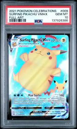 PSA 10 GEM MINT 2021 POKEMON CELEBRATIONS 009 FULL ART/SURFING PIKACHU VMAX - Image 1