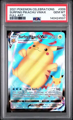 2021 POKEMON CELEBRATIONS #009 FULL ART/SURFING PIKACHU VMAX PSA 10 - Image 1