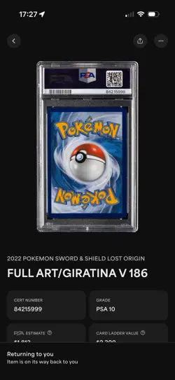 2022 POKEMON SWORD & SHIELD LOST ORIGIN #186 FULL ART/GIRATINA V PSA 10 - Image 2