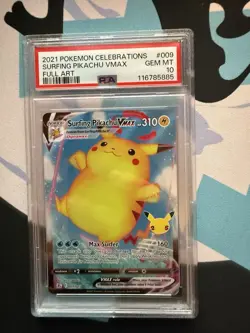 Pokemon TCG Surfing Pikachu VMAX Full Art Holo Card 009/025 Celebrations PSA 10 - Image 1