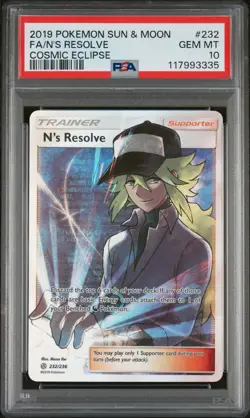 2019 POKEMON SUN & MOON COSMIC ECLIPSE #232 FULL ART/N'S RESOLVE PSA 10 - Image 1