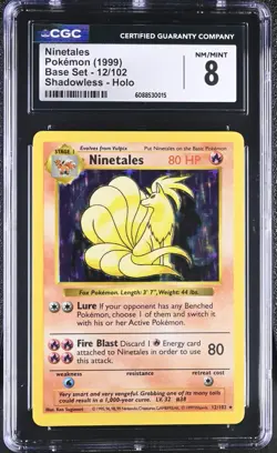 Ninetales 12/102 Base Set Shadowless Holo CGC 8 NM/MINT Vintage Pokemon Card - Image 1