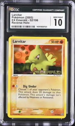 Pokemon 2005 Larvitar EX Emerald 52/106 Reverse Holo Stamped Cgc 10 Gem Mint - Image 1