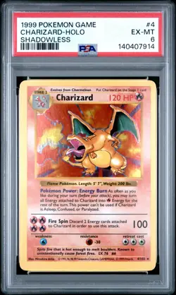 1999 POKEMON GAME SHADOWLESS #4 CHARIZARD-HOLO PSA 6 - Image 1
