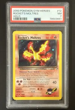 Pokemon TCG Gym Heroes Rocket's Moltres 12/132 Unlimited Holo Rare PSA 7 NM 🔥 - Image 1