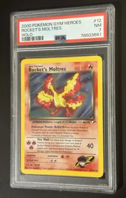 Pokemon TCG Gym Heroes Rocket's Moltres 12/132 Unlimited Holo Rare PSA 7 NM 🔥 - Image 2