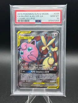 2019 Pokemon Cosmic Eclipse Full Art Mega Lopunny & Jigglypuff GX #225 PSA 10 - Image 1