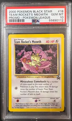2000 POKEMON TEAM ROCKET'S MEOWTH #18 BLACK STAR PROMO-POKEMON LEAGUE PSA 10 - Image 1