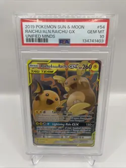 PSA 10 Gem Mint 2019 Pokemon Raichu & Alolan Raichu GX 54/236 Unified Minds - Image 1