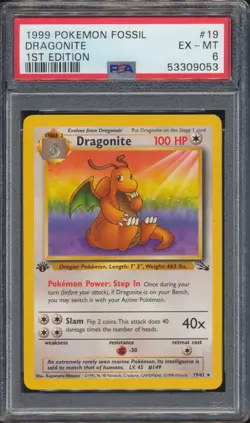 1999 Pokemon Fossil 1st Edition Dragonite #19 PSA 6 CENTERED - Image 1