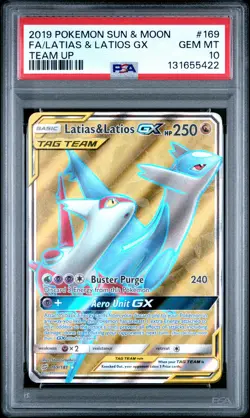 2019 POKEMON SUN & MOON TEAM UP #169 FULL ART/LATIAS & LATIOS GX PSA 10 - Image 1