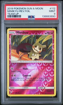 2019 POKEMON SUN & MOON TEAM UP #112 MIMIKYU-REVERSE FOIL PSA 9 - Image 1