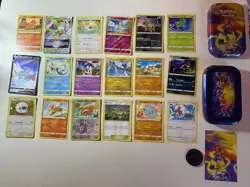 Pokemon TCG 18 Card Bundle job lot free tin art card & token in great condition - Image 1
