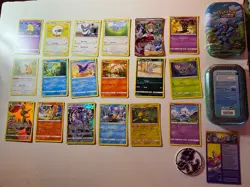 Pokemon TCG 18 Card Bundle job lot free tin art card & token in great condition - Image 1