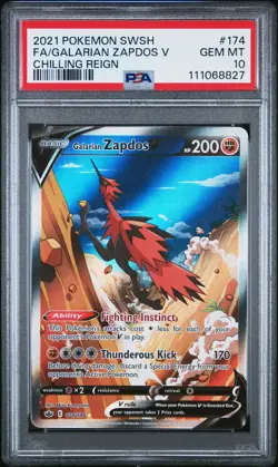 2021 POKEMON SWORD & SHIELD CHILLING REIGN FULL ART/GALARIAN ZAPDOS V PSA 10 - Image 1