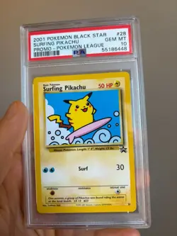 SURFING PIKACHU 2001 POKEMON PROMO BLACK STAR POKEMON LEAGUE #28 PSA 10 - Image 1