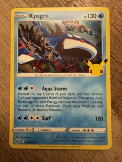 Pokemon TCG Kyogre Holo Holo Rare Card 25th Anniversary Celebration 003/025 NM - Image 1