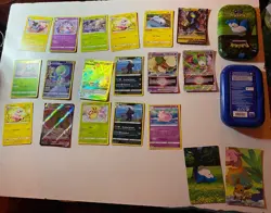 Pokemon TCG 17 Card Bundle job lot free tin 2 x art cards in great condition - Image 1