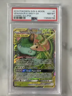 2019 POKEMON SUN & MOON COSMIC ECLIPSE #1 VENUSAUR & SNIVY GX PSA 8 - Image 1
