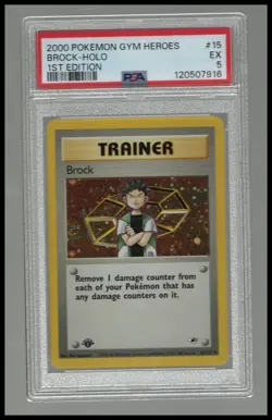 1st Edition Brock #15 Holo Rare Pokemon Gym Heroes PSA 5 Swirl - Image 1