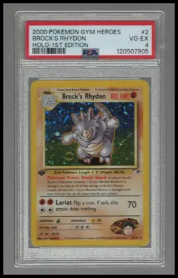 1st Edition Brock's Rhydon #2 Holo Rare Pokemon Gym Heroes PSA 4 - Image 1