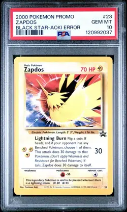 2000 Pokemon Promo #23 Zapdos Black Star Aoki Error PSA 10 English GEM MT - Image 1