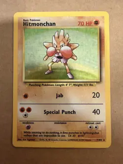 Pokemon TCG Hitmonchan 7/102 Unlimited Holo Rare Base Set MP - Image 1