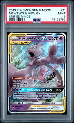 2019 POKEMON SUN & MOON UNIFIED MINDS #71 MEWTWO & MEW GX PSA 9 - Image 1