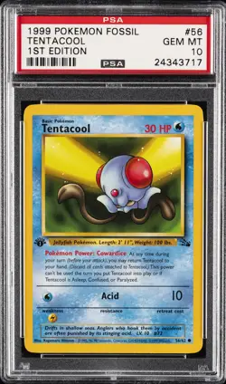 1999 POKEMON FOSSIL 1ST ED #56 TENTACOOL PSA 10 - Image 1