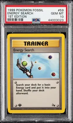 1999 POKEMON FOSSIL 1ST ED #59 ENERGY SEARCH PSA 10 - Image 1