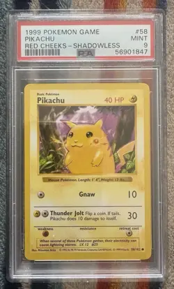 Pokemon 1999 Base Set - Pikachu 58/102 - Red Cheeks (Shadowless) - PSA 9 - Image 1