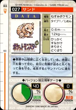 Sandshrew Carddass 1996 Vintage Pokemon Pocket Monsters Vending Card B63 LP - Image 2