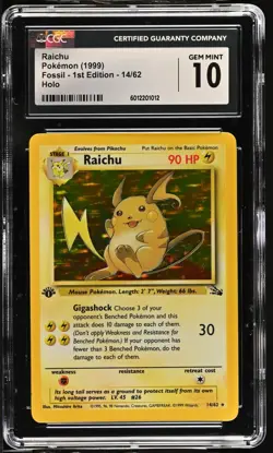 1999 POKEMON FOSSIL 1ST ED #14 RAICHU-HOLO CGC 10 GEM MINT - Image 1