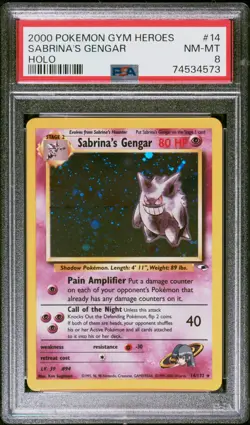 2000 Pokemon Gym Heroes Sabrina's Gengar #14 Holo PSA 8 - Image 1