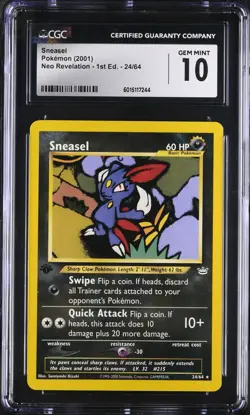 CGC 10 Pokemon 1st Edition Sneasel 24/64 Neo Revelation Non Holo Rare Near Mint - Image 1