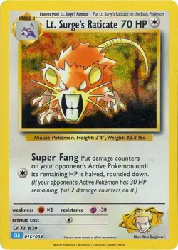 Lt. Surge's Raticate 016/034 Trading Card Game Classic Holo - Image 1
