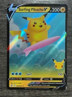 POKEMON FULL ART SURFING PIKACHU V 008/025 ULTRA RARE + NEW ARCEUS SLEEVE LP-NM - Image 1
