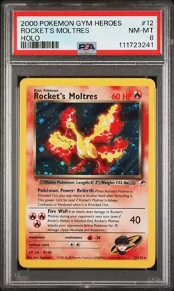 2000 Pokemon Gym Heroes Rocket's Moltres Holo Rare Card 12/132 Graded PSA 8 - Image 1