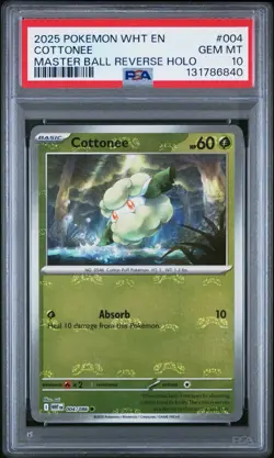 2025 POKEMON WHT EN-WHITE FLARE #004 COTTONEE MASTER BALL REVERSE HOLO PSA 10 - Image 1