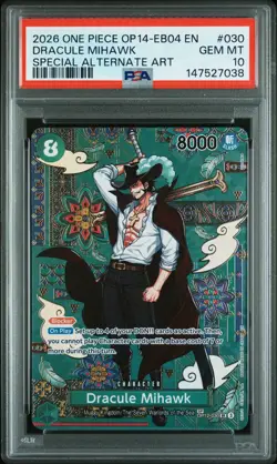 One Piece CCG OP14-EB04 Dracule Mihawk The Azure Sea’s Seven PSA 10 SP OP12-030 - Image 1