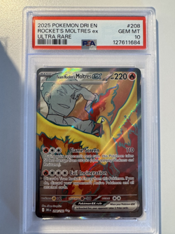 2025 Pokemon Destined Rivals Team Rockets Moltres ex 208 Full Art Holo UR PSA 10 - Image 1