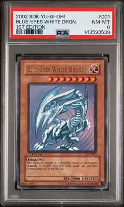 2002 YU-GI-OH! STARTER DECK: KAIBA 1ST ED #001 BLUE-EYES WHITE DRAGON PSA 8 - Image 1